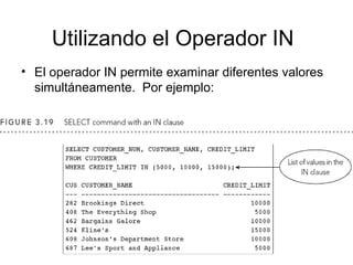 Utilizando el Operador IN
• El operador IN permite examinar diferentes valores
simultáneamente. Por ejemplo:
 