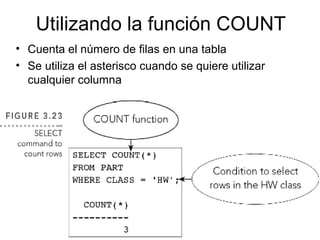 Utilizando la función COUNT
• Cuenta el número de filas en una tabla
• Se utiliza el asterisco cuando se quiere utilizar
cualquier columna
 
