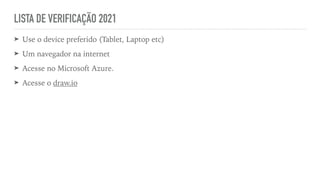 LISTA DE VERIFICAÇÃO 2021
➤ Use o device preferido (Tablet, Laptop etc)


➤ Um navegador na internet


➤ Acesse no Microsoft Azure.


➤ Acesse o draw.io
 