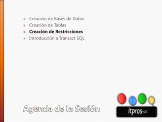 Agenda de la SesiónCreación de Bases de DatosCreación de TablasCreación de RestriccionesIntroducción a Transact SQL