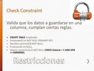 RestriccionesCheckConstraintValida que los datos a guardarse en una columna, cumplan ciertas reglas.CREATE TABLE Empleado(EmpleadoIDint NOT NULL PRIMARY KEY,Nombre varchar(59) NOT NULL,ProfesionIDint NULL,Salario numeric(12,2) NOT NULL CHECK(Salario> 1 AND GPA <=10000000))