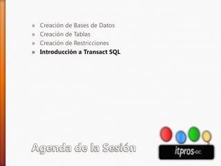 Agenda de la SesiónCreación de Bases de DatosCreación de TablasCreación de RestriccionesIntroducción a Transact SQL