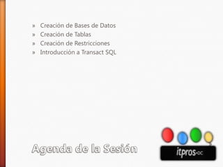 Agenda de la SesiónCreación de Bases de DatosCreación de TablasCreación de RestriccionesIntroducción a Transact SQL