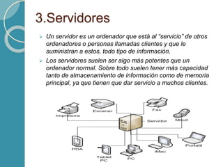 3.Servidores
 Un servidor es un ordenador que está al “servicio” de otros
ordenadores o personas llamadas clientes y que le
suministran a estos, todo tipo de información.
 Los servidores suelen ser algo más potentes que un
ordenador normal. Sobre todo suelen tener más capacidad
tanto de almacenamiento de información como de memoria
principal, ya que tienen que dar servicio a muchos clientes.
 
