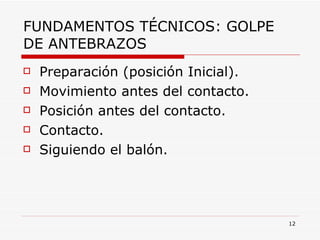 FUNDAMENTOS TÉCNICOS: GOLPE DE ANTEBRAZOS Preparación (posición Inicial). Movimiento antes del contacto. Posición antes del contacto. Contacto. Siguiendo el balón. 