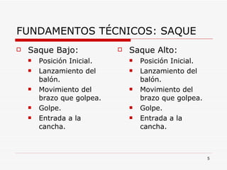FUNDAMENTOS TÉCNICOS: SAQUE Saque Bajo: Posición Inicial. Lanzamiento del balón. Movimiento del brazo que golpea. Golpe. Entrada a la cancha. Saque Alto: Posición Inicial. Lanzamiento del balón. Movimiento del brazo que golpea. Golpe. Entrada a la cancha. 