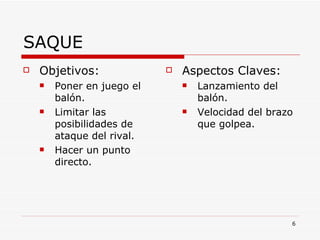 SAQUE Objetivos: Poner en juego el balón. Limitar las posibilidades de ataque del rival. Hacer un punto directo. Aspectos Claves: Lanzamiento del balón. Velocidad del brazo que golpea. 
