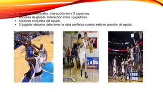 • Acciones individuales. Interacción entre 2 jugadores.
• Acciones de grupos. Interacción entre 3 jugadores.
• Acciones conjuntas del equipo.
• El jugador atacante debe tener la vista periférica cuando está en posición de ayuda.
 
