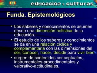 Los saberes y conocimientos se asumen desde una  dimensión holística  de la educación.  El estudio de los saberes y conocimientos se da en una  relación cíclica y complementaria  con las dimensiones del  ser, conocer, hacer, decidir  para  vivir bien   surgen de contenidos conceptuales, instrumentales-procedimentales y valorativo-actitudinales.  Funda. Epistemológicos 