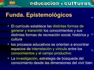 El currículo establece las  distintas formas de generar y transmitir  los conocimientos y sus distintas formas de recreación social, histórica y cultura   los procesos educativos se orientan a encontrar espacios de  interrelación y vínculo  entre los  conocimientos y el campo productivo   La  investigación , estrategia de búsqueda del conocimiento desde las dimensiones del vivir bien Funda. Epistemológicos 