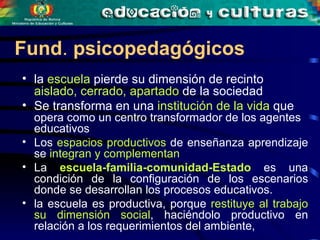 la  escuela  pierde su dimensión de recinto  aislado, cerrado, apartado  de la sociedad  Se transforma en una  institución de la vida  que  opera como un centro transformador de los agentes educativos  Los  espacios productivos  de enseñanza aprendizaje se  integran y complementan   La  escuela-familia-comunidad-Estado  es una condición de la configuración de los escenarios donde se desarrollan los procesos educativos. la escuela es productiva, porque  restituye al trabajo su dimensión social , haciéndolo productivo en relación a los requerimientos del ambiente,   Fund .  psicopedagógicos   