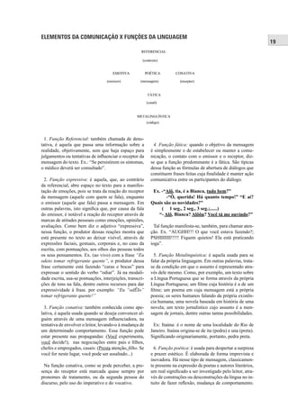 19 
ELEMENTOS DA COMUNICAÇÃO X FUNÇÕES DA LINGUAGEM 
1. Função Referencial: também chamada de deno-tativa, 
é aquela que passa uma informação sobre a 
realidade, objetivamente, sem que haja espaço para 
julgamentos ou tentativas de infl uenciar o receptor da 
mensagem do texto. Ex.: “Se persistirem os sintomas, 
o médico deverá ser consultado”. 
2. Função expressiva: é aquela, que, ao contrário 
da referencial, abre espaço no texto para a manifes-tação 
de emoções, pois se trata da reação do receptor 
da mensagem (aquele com quem se fala), enquanto 
o emissor (aquele que fala) passa a mensagem. Em 
outras palavras, isto signifi ca que, por causa da fala 
do emissor, é notável a reação do receptor através de 
marcas de atitudes pessoais como emoções, opiniões, 
avaliações. Como bem diz o adjetivo “expressiva”, 
nessa função, o produtor dessas reações mostra que 
está presente no texto ao deixar visível, através de 
expressões faciais, gestuais, corporais e, no caso da 
escrita, com pontuações, aos olhos das pessoas todos 
os seus pensamentos. Ex. (ao vivo) com a frase “Eu 
odeio tomar refrigerante quente”, o produtor dessa 
frase certamente está fazendo “caras e bocas” para 
expressar o sentido do verbo “odiar”. Já na modali-dade 
escrita, usa-se pontuações, interjeições, transcri-ções 
de tons na fala, dentre outros recursos para dar 
expressividade à frase. por exemplo: “Eu “odÊIo” 
tomar refrigerante quente!” 
3. Função conativa: também conhecida como ape-lativa, 
é aquela usada quando se deseja convencer al-guém 
através de uma mensagem infl uenciadora, na 
tentativa de envolver o leitor, levando-o à mudança de 
um determinado comportamento. Essa função pode 
estar presente nas propagandas: (Você experimenta, 
você decide!); nas negociações entre pais e fi lhos, 
chefes e empregados, casais: (Presta atenção, fi lho. Se 
você for neste lugar, você pode ser assaltado...) 
Na função conativa, como se pode perceber, a pre-sença 
do receptor está marcada quase sempre por 
pronomes de tratamento, ou da segunda pessoa do 
discurso, pelo uso do imperativo e do vocativo. 
4. Função fática: quando o objetivo da mensagem 
é simplesmente o de estabelecer ou manter a comu-nicação, 
o contato com o emissor e o receptor, diz-se 
que a função predominante é a fática. São típicas 
dessa função as fórmulas de abertura de diálogos que 
constituem frases feitas cuja fi nalidade é manter ação 
comunicativa entre os participantes do diálogo. 
Ex. -“Alô, tia, é a Bianca, tudo bem?” 
-“Ô, querida! Há quanto tempo!” “E aí? 
Quais são as novidades?” 
( 1 seg., 2 seg., 3 seg.;......) 
“- Alô, Bianca? Alôôu? Você tá me ouvindo?” 
Tal função manifesta-se, também, para chamar aten-ção. 
Ex. “AUGHH!!! O que você estava fazendo?; 
PSHIIIIIII!!!!! Fiquem quietos! Ela está praticando 
ioga”. 
5. Função Metalinguística: é aquela usada para se 
falar da própria linguagem. Em outras palavras, trata-se 
da condição em que o assunto é representado atra-vés 
dele mesmo. Como, por exemplo, um texto sobre 
a Língua Portuguesa que se forma através da própria 
Língua Portuguesa; um fi lme cuja história é a de um 
fi lme; um poema em cuja mensagem está a própria 
poesia; os seres humanos falando da própria existên-cia 
humana; uma novela baseada em história de uma 
novela; um texto jornalístico cujo assunto é a men-sagem 
de jornais, dentre outras tantas possibilidades. 
Ex: Itaúna: é o nome de uma localidade do Rio de 
Janeiro. Itaúna origina-se de ita (pedra) e una (preta). 
Signifi cando originariamente, portanto, pedra preta. 
6. Função poética: é usada para despertar a surpresa 
e prazer estético. É elaborada de forma imprevista e 
inovadora. Há nesse tipo de mensagem, classicamen-te 
presente na expressão de poetas e autores literários, 
um real signifi cado a ser investigado pelo leitor, atra-vés 
de construções ou desconstruções da língua no in-tuito 
de fazer refl exão, mudança de comportamento. 
 