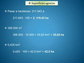  Superficies agrarias 
 Pasar a hectáreas: 211.943 a 
211.943 : 100 = 2 .119,43 ha 
 356.500 m2 
356.500 : 10 000 = 35,65 hm2 = 35,65 ha 
 0,425 km2 
0,425 · 100 = 42,5 hm2 = 42,5 ha 
 