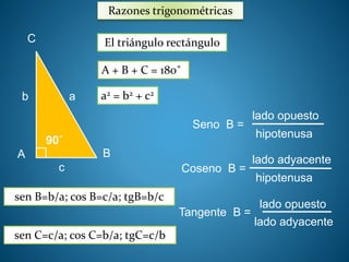 Razones trigonométricas 
C El triángulo rectángulo 
b a 
90˚ 
A B 
c 
A + B + C = 180˚ 
a2 = b2 + c2 
Seno B = 
lado opuesto 
hipotenusa 
Coseno B = 
lado adyacente 
hipotenusa 
Tangente B = 
lado opuesto 
lado adyacente 
sen B=b/a; cos B=c/a; tgB=b/c 
sen C=c/a; cos C=b/a; tgC=c/b 
 