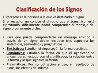 El receptor es la persona a la que va destinado el signo.
Si el receptor no conoce el símbolo que el transmisor está
ejercitando, difícilmente podrá comprender el mensaje del
signo propiamente dicho.
• Para que pueda comprenderse un mensaje emitido a
través de un signo deben incluirse tres aspectos: los
sintácticos, semánticos y pragmáticos.
• Sintácticos: Estudian el singo según la forma percibida.
• Semánticos: Estudian la forma en que el significado se
encuentra conectado con el significador, la relación entre
la forma y lo que significa la forma.
• Pragmáticos: Por su utilización e uso, el resultado de
estos, los efectos del mismo.
 