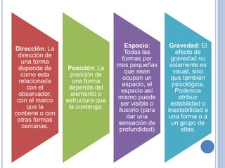 Dirección: La
dirección de
una forma
depende de
como esta
relacionada
con el
observador,
con el marco
que la
contiene o con
otras formas
cercanas.
Posición: La
posición de
una forma
depende del
elemento o
estructura que
la contenga.
Espacio:
Todas las
formas por
mas pequeñas
que sean
ocupan un
espacio, el
espacio así
mismo puede
ser visible o
ilusorio (para
dar una
sensación de
profundidad)
Gravedad: El
efecto de
gravedad no
solamente es
visual, sino
que también
psicológica.
Podemos
atribuir
estabilidad o
inestabilidad a
una forma o a
un grupo de
ellas.
 