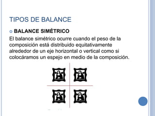 TIPOS DE BALANCE
 BALANCE SIMÉTRICO
El balance simétrico ocurre cuando el peso de la
composición está distribuido equitativamente
alrededor de un eje horizontal o vertical como si
colocáramos un espejo en medio de la composición.
 