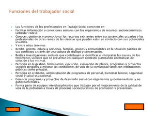    Las funciones de los profesionales en Trabajo Social consisten en:
    Facilitar información y conexiones sociales co...