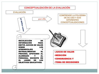CONCEPTUALIZACIÓN DE LA EVALUACIÓN
EVALUACIÓN
COMPRENDE LA POLISEMIA
DE SU USO Y SUS
DIFERENTES
CONCEPTUALIZACIONES
.
entreellas
•JUICIO DE VALOR
•MEDICIÓN
•CONGRUENCIA Y
•TOMA DE DECISIONES
UN PROCESO DE
RECOLECCIÓN DE
INFORMACIÓN PARA
EMITIR JUICIOS DE VALOR
SOBRE LOS
APRENDIZAJES Y
RETROALIMENTAR EL
PROCESO, APOYANDO AL
ALUMNADO Y AL
PERSONAL DOCENTE EN
EL LOGRO DE LOS
OBJETIVOS EDUCATIVOS.
por ello
 