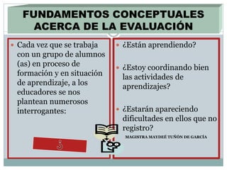 FUNDAMENTOS CONCEPTUALES
ACERCA DE LA EVALUACIÓN
 Cada vez que se trabaja
con un grupo de alumnos
(as) en proceso de
formación y en situación
de aprendizaje, a los
educadores se nos
plantean numerosos
interrogantes:
 ¿Están aprendiendo?
 ¿Estoy coordinando bien
las actividades de
aprendizajes?
 ¿Estarán apareciendo
dificultades en ellos que no
registro?
MAGISTRA MAYDEÉ TUÑÓN DE GARCÍA
 