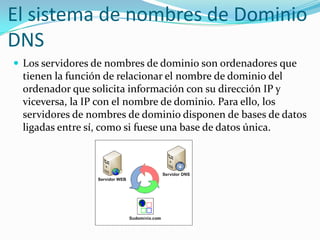El sistema de nombres de Dominio
DNS
 Los servidores de nombres de dominio son ordenadores que
 tienen la función de relacionar el nombre de dominio del
 ordenador que solicita información con su dirección IP y
 viceversa, la IP con el nombre de dominio. Para ello, los
 servidores de nombres de dominio disponen de bases de datos
 ligadas entre sí, como si fuese una base de datos única.
 