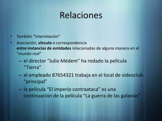 RelacionesTambién “interrelación”Asociación, vínculo o correspondenciaentre instancias de entidades relacionadas de alguna manera en el “mundo real”el director “Julio Médem”ha rodado la película “Tierra”el empleado 87654321 trabaja en el local de videoclub “principal”la película “El imperio contraataca” es una continuación de la película “La guerra de las galaxias”