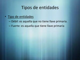 Tipos de entidadesTipo de entidadesDébil: es aquella que no tiene llave primaria. Fuerte: es aquella que tiene llave primaria