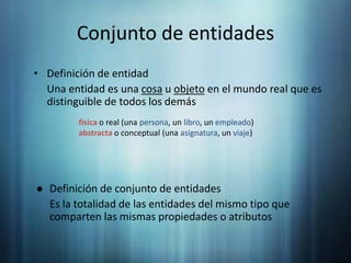 Conjunto de entidadesDefinición de entidad	Una entidad es una cosa u objeto en el mundo real que es distinguible de todos los demásfísica o real (una persona, un libro, un empleado)abstracta o conceptual (una asignatura, un viaje)Definición de conjunto de entidades	Es la totalidad de las entidades del mismo tipo que comparten las mismas propiedades o atributos