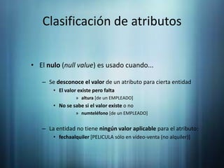 Clasificación de atributosEl nulo (null value) es usado cuando...Se desconoce el valor de un atributo para cierta entidadEl valor existe pero faltaaltura [de un EMPLEADO]No se sabe si el valor existe o no numteléfono [de un EMPLEADO]La entidad no tiene ningún valor aplicable para el atributo:fechaalquiler [PELICULA sólo en vídeo-venta (no alquiler)]