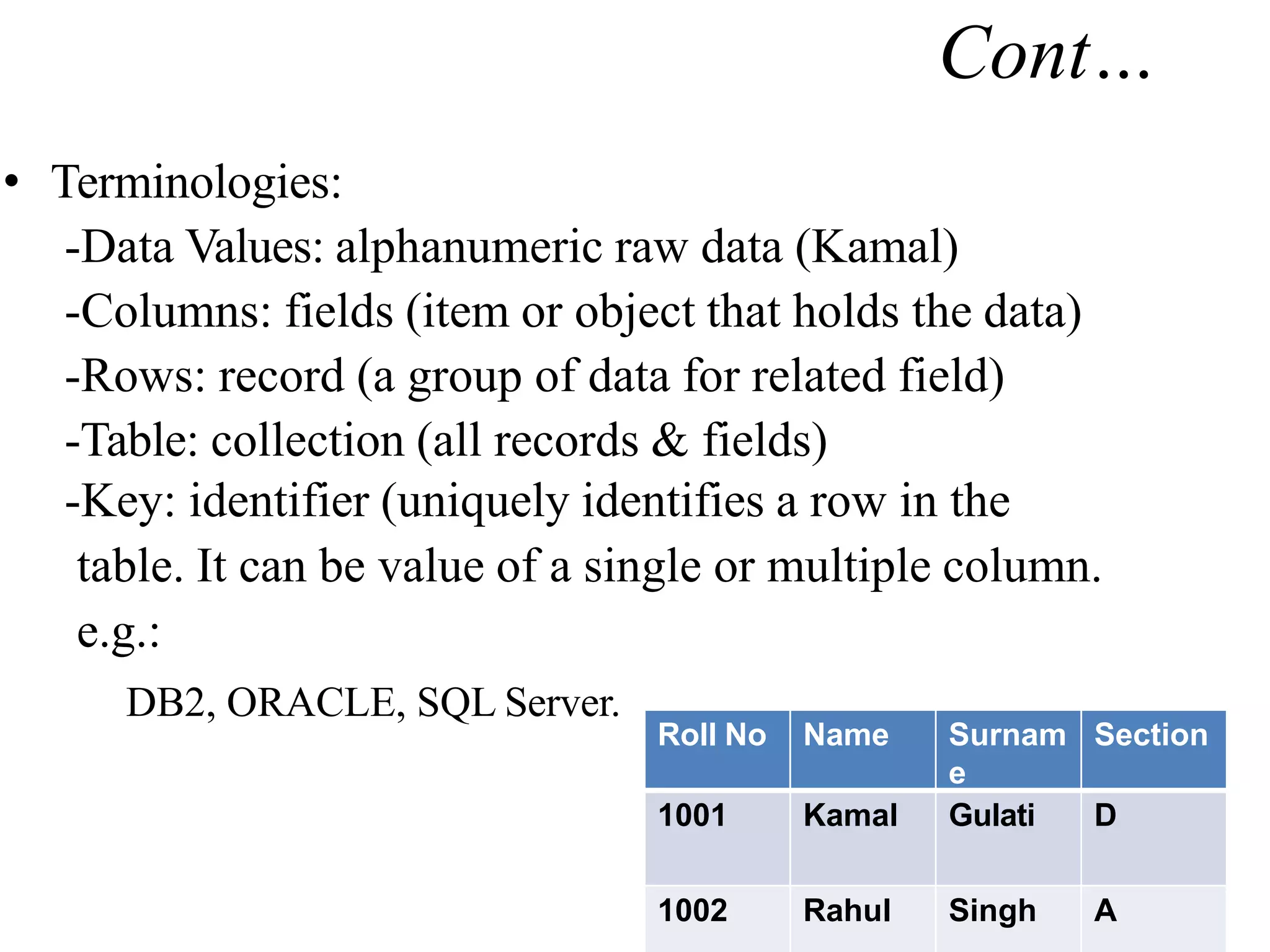 Cont…
• Terminologies:
-Data Values: alphanumeric raw data (Kamal)
-Columns: fields (item or object that holds the data)
-Rows: record (a group of data for related field)
-Table: collection (all records & fields)
-Key: identifier (uniquely identifies a row in the
table. It can be value of a single or multiple column.
e.g.:
DB2, ORACLE, SQL Server.
Roll No Name Surnam
e
Section
1001 Kamal Gulati D
1002 Rahul Singh A
 