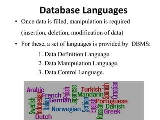 Database Languages
• Once data is filled, manipulation is required
(insertion, deletion, modification of data)
• For these, a set of languages is provided by DBMS:
1. Data Definition Language.
2. Data Manipulation Language.
3. Data Control Language.
 
