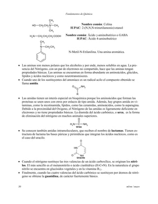 Fundamentos de Química
30 mlvm / maov
OH CH2
CH2
N
+
CH3
CH3
CH3
Nombre común: Colina
IUPAC: 2-(N,N,N-trimetilamonio)-etanol
NH2
CH2
CH2
CH2
COOH Nombre común: Ácido -aminobutírico o GABA
IUPAC: Ácido 4-aminobutírico
N
CH3
CH2
CH3
N-Metil-N-Etilanilina. Una amina aromática.
 Las aminas son menos polares que los alcoholes y por ende, menos solubles en agua. La pre-
sencia del Nitrógeno, con un par de electrones no compartido, hace que las aminas tengan
propiedades básicas. Las aminas se encuentran en forma abundante en aminoácidos, glúcidos,
lípidos y ácidos nucleicos y como neurotransmisores.
 Cuando uno de los sustituyentes del amoníaco es un radical acilo el compuesto obtenido se
llama amida.
C
R
NH2
O
 Las amidas tienen un interés especial en bioquímica porque los aminoácidos que forman las
proteínas se unen unos con otros por enlaces de tipo amida. Además, hay grupos amida en vi-
taminas, como la nicotinamida, lípidos, como las ceramidas, aminoácidos, como la asparagina.
Debido a la proximidad del Oxígeno, el Nitrógeno de las amidas es ligeramente deficiente en
electrones y no tiene propiedades básicas. La diamida del ácido carbónico, o urea, es la forma
de eliminación del nitrógeno en muchos animales superiores.
NH2 C NH2
O
Urea
 Se conocen también amidas intramoleculares, que reciben el nombre de lactamas. Tienen es-
tructura de lactama las bases púricas y pirimídicas que integran los ácidos nucleicos, como es
el caso del uracilo.
NH
NH
O
O
Uracilo
 Cuando el nitrógeno sustituye las tres valencias de un ácido carboxílico, se originan los nitri-
los. El más sencillo es el metanonitrilo o ácido cianhídrico (H-CN). En la naturaleza el grupo
nitrilo se encuentra en glucósidos vegetales y en la vitamina B12.
 Finalmente, cuando las cuatro valencias del ácido carbónico se sustituyen por átomos de nitró-
geno se obtiene la guanidina, de carácter fuertemente básico.
 