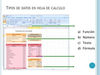 TIPOS DE DATOS EN HOJA DE CALCULO




                                    a) Función
                                    b) Número
                                    c) Texto
                                    d) Fórmula
 