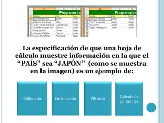 La especificación de que una hoja de
cálculo muestre información en la que el
 “PAÍS” sea “JAPÓN” (como se muestra
     en la imagen) es un ejemplo de:


                                      Cálculo de
  Rellenado   Ordenación   Filtrado
                                      subtotales
 