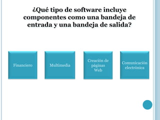 ¿Qué tipo de software incluye
     componentes como una bandeja de
      entrada y una bandeja de salida?




                          Creación de
                                        Comunicación
Financiero   Multimedia     páginas
                                         electrónica
                             Web
 