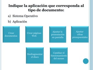 Indique la aplicación que corresponda al
             tipo de documento:
  a) Sistema Operativo
  b) Aplicación


                                   Ajustar la         Ajustar
   Crear          Crear páginas
                                  presentación         cifras
documentos            Web
                                   en pantalla     presupuestales




                                    Cambiar el
                  Desfragmentar
                                  funcionamiento
                     el disco
                                     del mouse
 