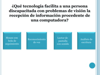 ¿Qué tecnología facilita a una persona
  discapacitada con problemas de visión la
  recepción de información procedente de
             una computadora?



Mouse con                      Lector de
              Reconocimiento                Análisis de
  bola de                       pantalla
                  de voz                     escritura
seguimiento                    con sonido
 