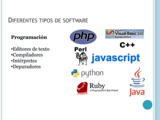 DIFERENTES TIPOS DE SOFTWARE

 Programación

 •Editores de texto
 •Compiladores
 •Intérpretes
 •Depuradores
 