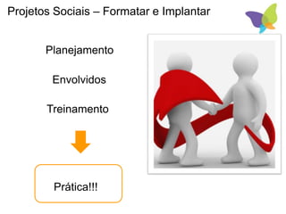 Projetos Sociais – Formatar e Implantar
Planejamento
Envolvidos
Prática!!!
Treinamento
 
