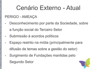 PERIGO - AMEAÇA
- Desconhecimento por parte da Sociedade, sobre
a função social do Terceiro Setor
- Submissão à acordos políticos
- Espaço restrito na mídia (principalmente para
difusão de temas sobre a gestão do setor)
- Surgimento de Fundações mantidas pelo
Segundo Setor
Cenário Externo - Atual
 