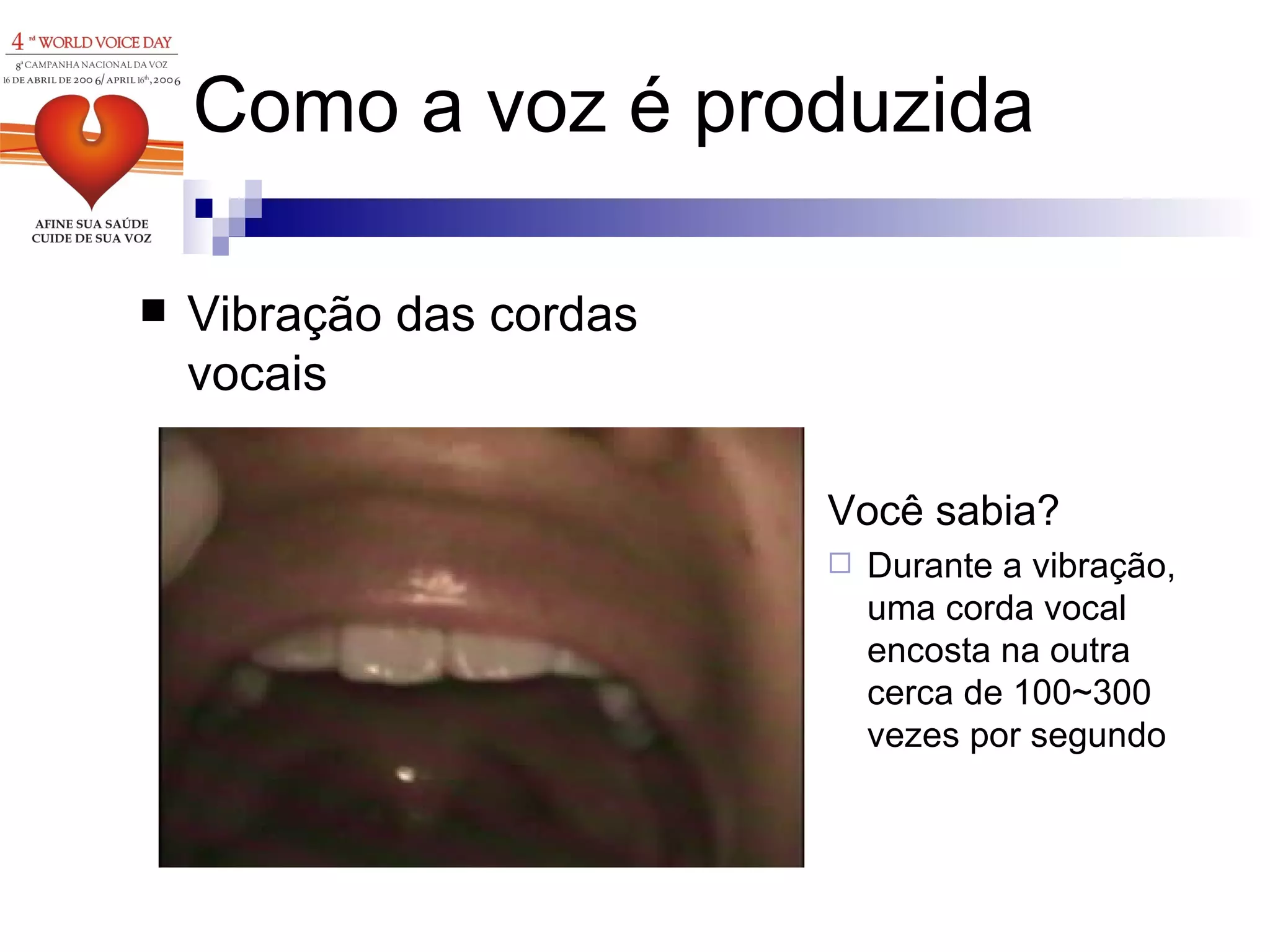 Como a voz é produzida Vibração das cordas vocais Você sabia? Durante a vibração, uma corda vocal encosta na outra cerca de 100~300 vezes por segundo 
