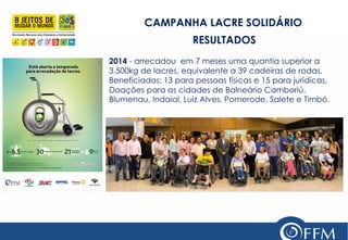 CAMPANHA LACRE SOLIDÁRIO RESULTADOS 
2014 - arrecadou em 7 meses uma quantia superior a 3.500kg de lacres, equivalente a 39 cadeiras de rodas. Beneficiados: 13 para pessoas físicas e 15 para jurídicas. Doações para as cidades de Balneário Camboriú, Blumenau, Indaial, Luiz Alves, Pomerode, Salete e Timbó.  
