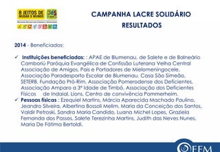 CAMPANHA LACRE SOLIDÁRIO RESULTADOS 
2014 - Beneficiados: 
 Instituições beneficiadas: : APAE de Blumenau, de Salete e de Balneário Camboriú Paróquia Evangélica de Confissão Luterana Velha Central Associação de Amigos, Pais e Portadores de Mielomeningocele, Associação Paradesporto Escolar de Blumenau, Casa São Simeão, SETERB, Fundação Pró-Rim, Associação Pomerodense dos Deficientes, Associação Amparo a 3ª Idade de Timbó, Associação dos Deficientes Físicos de Indaial, Lions, Centro de convivência Pommerheim. 
Pessoas físicas : Ezequiel Martins, Márcia Aparecida Machado Paulino, Jeandro Silveira, Albertina Bossoli Melim, Maria da Conceição dos Santos, Valdir Petroski, Sandra Maria Candido, Luana Michel Lopes, Graziela Fernanda dos Passos, Salete Terezinha Martins, Judith das Neves Nunes, Maria De Fátima Bertoldi.  