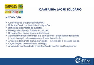 CAMPANHA LACRE SOLIDÁRIO 
INOVAÇÃO 
Estender para as demais cidades de Santa Catarina. 
Criação do hotsite www.campanhal...