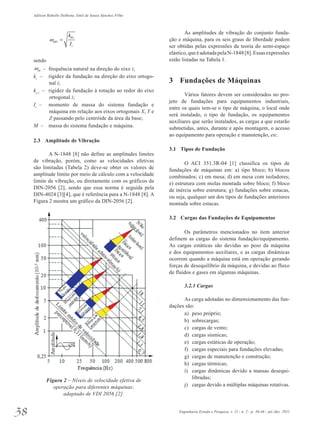 Adilson Rabello Dalbone, Emil de Souza Sánchez Filho 
sendo 
θ 
i 
θ ω = 
n i 
i 
k 
I 
ni ω – frequência natural na direção do eixo i; 
ki – rigidez da fundação na direção do eixo ortogo­nal 
i; 
ko i – rigidez da fundação à rotação ao redor do eixo 
ortogonal i; 
Ii – momento de massa do sistema fundação e 
máquina em relação aos eixos ortogonais X, Y e 
Z passando pelo centróide da área da base; 
M – massa do sistema fundação e máquina. 
2.3 Amplitude de Vibração 
A N-1848 [8] não define as amplitudes limites 
de vibração, porém, como as velocidades efetivas 
são limitadas (Tabela 2) deve-se obter os valores de 
amplitude limite por meio de cálculo com a velocidade 
limite de vibração, ou diretamente com os gráficos da 
DIN-2056 [2], sendo que essa norma é seguida pela 
DIN-4024 [3][4], que é referência para a N-1848 [8]. A 
Figura 2 mostra um gráfico da DIN-2056 [2]. 
Figura 2 – Níveis de velocidade efetiva de 
operação para diferentes máquinas; 
adaptado de VDI 2056 [2]. 
As amplitudes de vibração do conjunto funda­ção 
e máquina, para os seis graus de liberdade podem 
ser obtidas pelas expressões da teoria do semi-espaço 
elástico, que é adotada pela N-1848 [8]. Essas expressões 
estão listadas na Tabela 1. 
3 Fundações de Máquinas 
Vários fatores devem ser considerados no pro­jeto 
de fundações para equipamentos industriais, 
entre os quais tem-se o tipo de máquina, o local onde 
será instalado, o tipo de fundação, os equipamentos 
auxiliares que serão instalados, as cargas a que estarão 
submetidas, antes, durante e após montagem, o acesso 
ao equipamento para operação e manutenção, etc. 
3.1 Tipos de Fundação 
O ACI 351.3R-04 [1] classifica os tipos de 
fundações de máquinas em: a) tipo bloco; b) blocos 
combinados; c) em mesa; d) em mesa com isoladores; 
e) estrutura com molas montada sobre bloco; f) bloco 
de inércia sobre estrutura; g) fundações sobre estacas, 
ou seja, qualquer um dos tipos de fundações anteriores 
montada sobre estacas. 
3.2 Cargas das Fundações de Equipamentos 
Os parâmetros mencionados no item anterior 
definem as cargas do sistema fundação/equipamento. 
As cargas estáticas são devidas ao peso da máquina 
e dos equipamentos auxiliares, e as cargas dinâmicas 
ocorrem quando a máquina está em operação gerando 
forças de desequilíbrio da máquina, e devidas ao fluxo 
de fluidos e gases em algumas máquinas. 
3.2.1 Cargas 
As carga adotadas no dimensionamento das fun­dações 
são: 
a) peso próprio; 
b) sobrecargas; 
c) cargas de vento; 
d) cargas sísmicas; 
e) cargas estáticas de operação; 
f) cargas especiais para fundações elevadas; 
g) cargas de manutenção e construção; 
h) cargas térmicas; 
i) cargas dinâmicas devido a massas desequi­libradas; 
j) cargas devido a múltiplas máquinas rotativas. 
38 Engenharia Estudo e Pesquisa. v. 11 - n. 2 - p. 36-46 - jul./dez. 2011 
 