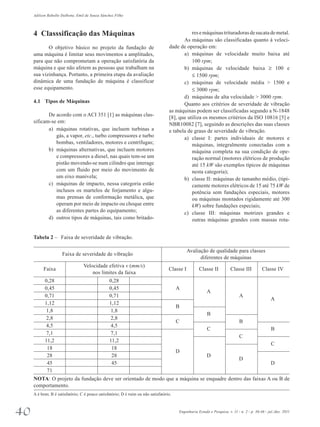 Adilson Rabello Dalbone, Emil de Souza Sánchez Filho 
4 Classsificação das Máquinas 
O objetivo básico no projeto da fundação de 
uma máquina é limitar seus movimentos a amplitudes, 
para que não comprometam a operação satisfatória da 
máquina e que não afetem as pessoas que trabalham na 
sua vizinhança. Portanto, a primeira etapa da avaliação 
dinâmica de uma fundação de máquina é classificar 
esse equipamento. 
4.1 Tipos de Máquinas 
De acordo com o ACI 351 [1] as máquinas clas­sificam- 
se em: 
a) máquinas rotativas, que incluem turbinas a 
gás, a vapor, etc., turbo compressores e turbo 
bombas, ventiladores, motores e centrífugas; 
b) máquinas alternativas, que incluem motores 
e compressores a diesel, nas quais tem-se um 
pistão movendo-se num cilindro que interage 
com um fluido por meio do movimento de 
um eixo manivela; 
c) máquinas de impacto, nessa categoria estão 
inclusos os martelos de forjamento e algu­mas 
prensas de conformação metálica, que 
operam por meio de impacto ou choque entre 
as diferentes partes do equipamento; 
d) outros tipos de máquinas, tais como britado-res 
e máquinas trituradoras de sucata de metal. 
As máquinas são classificadas quanto à veloci­dade 
de operação em: 
a) máquinas de velocidade muito baixa até 
100 rpm; 
b) máquinas de velocidade baixa ³ 100 e 
£ 1500 rpm; 
c) máquinas de velocidade média > 1500 e 
£ 3000 rpm; 
d) máquinas de alta velocidade > 3000 rpm. 
Quanto aos critérios de severidade de vibração 
as máquinas podem ser classificadas segundo a N-1848 
[8], que utiliza os mesmos critérios da ISO 10816 [5] e 
NBR10082 [7], seguindo as descrições das suas classes 
e tabela de graus de severidade de vibração. 
a) classe I: partes individuais de motores e 
máquinas, integralmente conectadas com a 
máquina completa na sua condição de ope­ração 
normal (motores elétricos de produção 
até 15 kW são exemplos típicos de máquinas 
nesta categoria); 
b) classe II: máquinas de tamanho médio, (tipi­camente 
motores elétricos de 15 até 75 kW de 
potência sem fundações especiais, motores 
ou máquinas montados rigidamente até 300 
kW) sobre fundações especiais; 
c) classe III: máquinas motrizes grandes e 
outras máquinas grandes com massas rota­Tabela 
2 – Faixa de severidade de vibração. 
Faixa de severidade de vibração Avaliação de qualidade para classes 
diferentes de máquinas 
Faixa Velocidade efetiva v (mm/s) Classe I Classe II Classe nos limites da faixa III Classe IV 
0,28 0,28 
0,45 0,45 A A 
0,71 0,71 A A 
1,12 1,12 B 
1,8 1,8 B 
2,8 2,8 C B 
4,5 4,5 C B 
7,1 7,1 C 
11,2 11,2 C 
18 18 D 
28 28 D D 
45 45 D 
71 
NOTA: O projeto da fundação deve ser orientado de modo que a máquina se enquadre dentro das faixas A ou B de 
comportamento. 
A é bom; B é satisfatório; C é pouco satisfatório; D é ruim ou não satisfatório. 
40 Engenharia Estudo e Pesquisa. v. 11 - n. 2 - p. 36-46 - jul./dez. 2011 
 