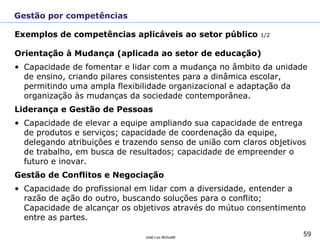 59
José Luiz Bichuetti
Exemplos de competências aplicáveis ao setor público 1/2
Orientação à Mudança (aplicada ao setor de educação)
• Capacidade de fomentar e lidar com a mudança no âmbito da unidade
de ensino, criando pilares consistentes para a dinâmica escolar,
permitindo uma ampla flexibilidade organizacional e adaptação da
organização às mudanças da sociedade contemporânea.
Liderança e Gestão de Pessoas
• Capacidade de elevar a equipe ampliando sua capacidade de entrega
de produtos e serviços; capacidade de coordenação da equipe,
delegando atribuições e trazendo senso de união com claros objetivos
de trabalho, em busca de resultados; capacidade de empreender o
futuro e inovar.
Gestão de Conflitos e Negociação
• Capacidade do profissional em lidar com a diversidade, entender a
razão de ação do outro, buscando soluções para o conflito;
Capacidade de alcançar os objetivos através do mútuo consentimento
entre as partes.
Gestão por competências
 