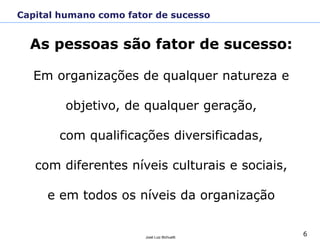 6
José Luiz Bichuetti
As pessoas são fator de sucesso:
Em organizações de qualquer natureza e
objetivo, de qualquer geração,
com qualificações diversificadas,
com diferentes níveis culturais e sociais,
e em todos os níveis da organização
Capital humano como fator de sucesso
 