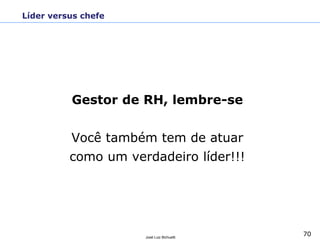 70
José Luiz Bichuetti
Líder versus chefe
Gestor de RH, lembre-se
Você também tem de atuar
como um verdadeiro líder!!!
 