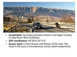• Localization: boundary between Brasov and Arges County,
in step Rucar-Bran (halfway)
• GPS coordinates: 45°26′N 25°17′E
• Access road: is from Brasov and Pitesti, E574 road. The
road in the area is mountainous terrain (with serpentine).
 